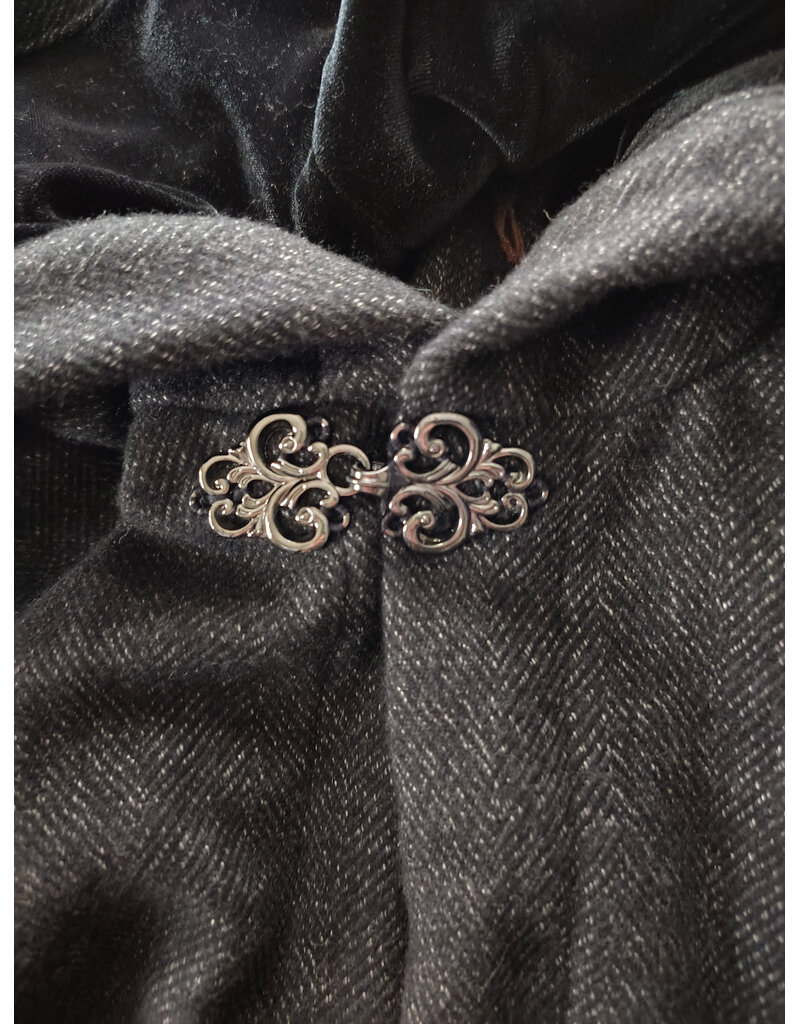 Cloakmakers.com 5987-Washable Black & While Woven Wool Blend Cloak w/ Black Velvet Hood Lining & Silver Tone Clasp