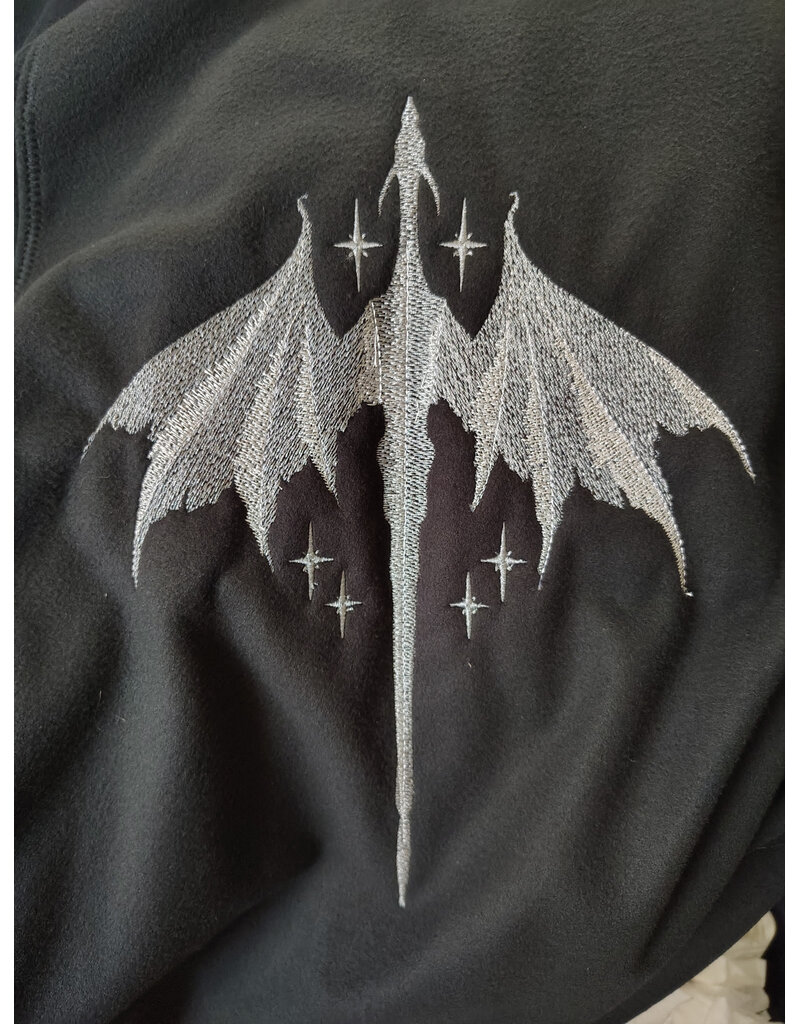 Cloakmakers.com 5988-Washable Almost Black Fleece Cloak w/ Silver Dragon Embroidery & Silver Tone Clasp