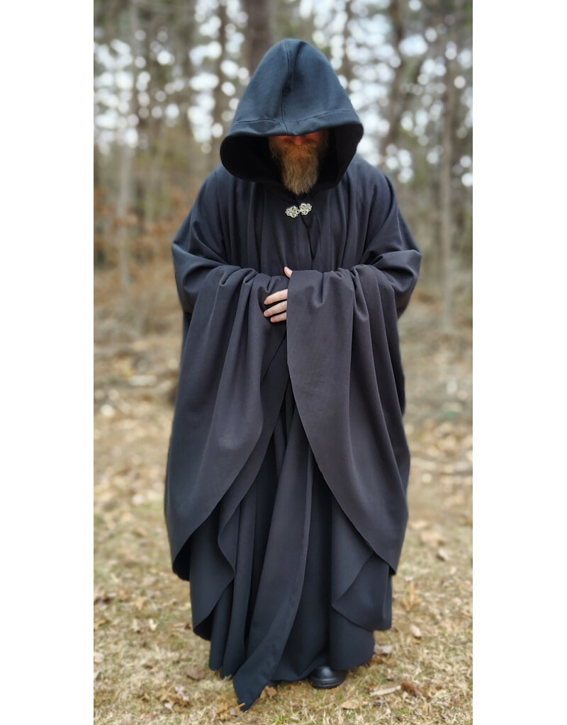 Cloakmakers.com 5988-Washable Almost Black Fleece Cloak w/ Silver Dragon Embroidery & Silver Tone Clasp