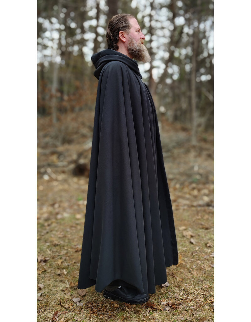 Cloakmakers.com 5988-Washable Almost Black Fleece Cloak w/ Silver Dragon Embroidery & Silver Tone Clasp