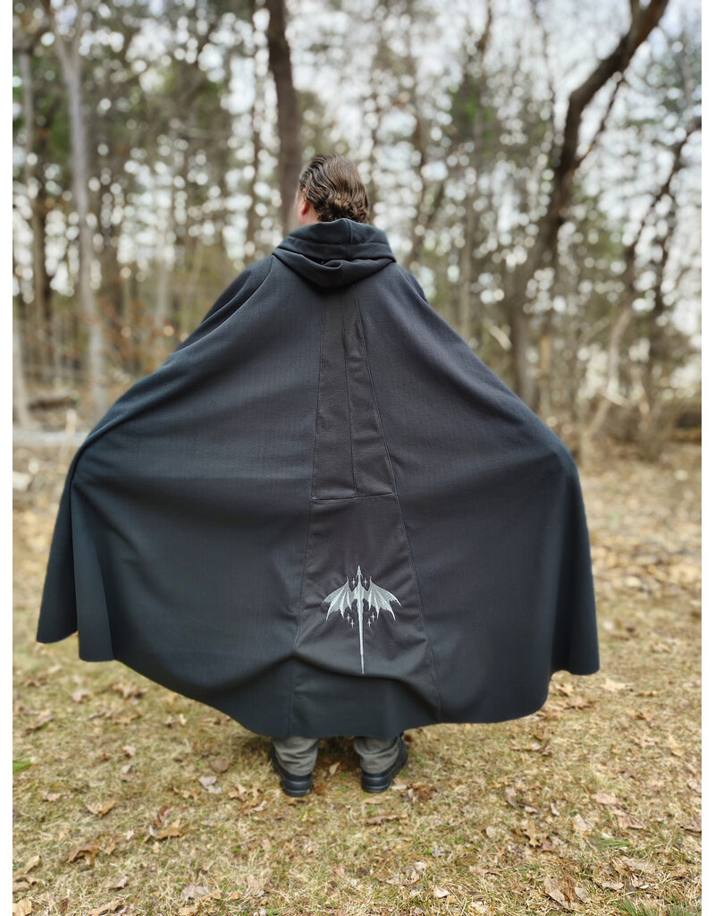 Cloakmakers.com 5988-Washable Almost Black Fleece Cloak w/ Silver Dragon Embroidery & Silver Tone Clasp