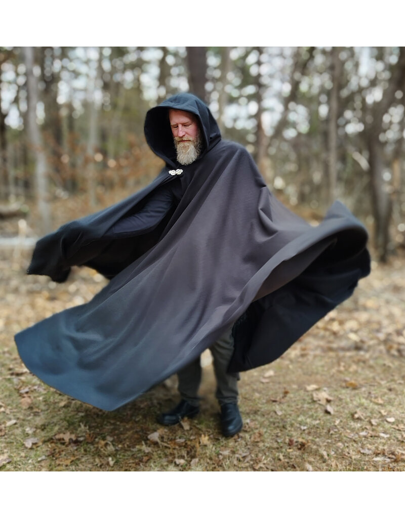 Cloakmakers.com 5988-Washable Almost Black Fleece Cloak w/ Silver Dragon Embroidery & Silver Tone Clasp