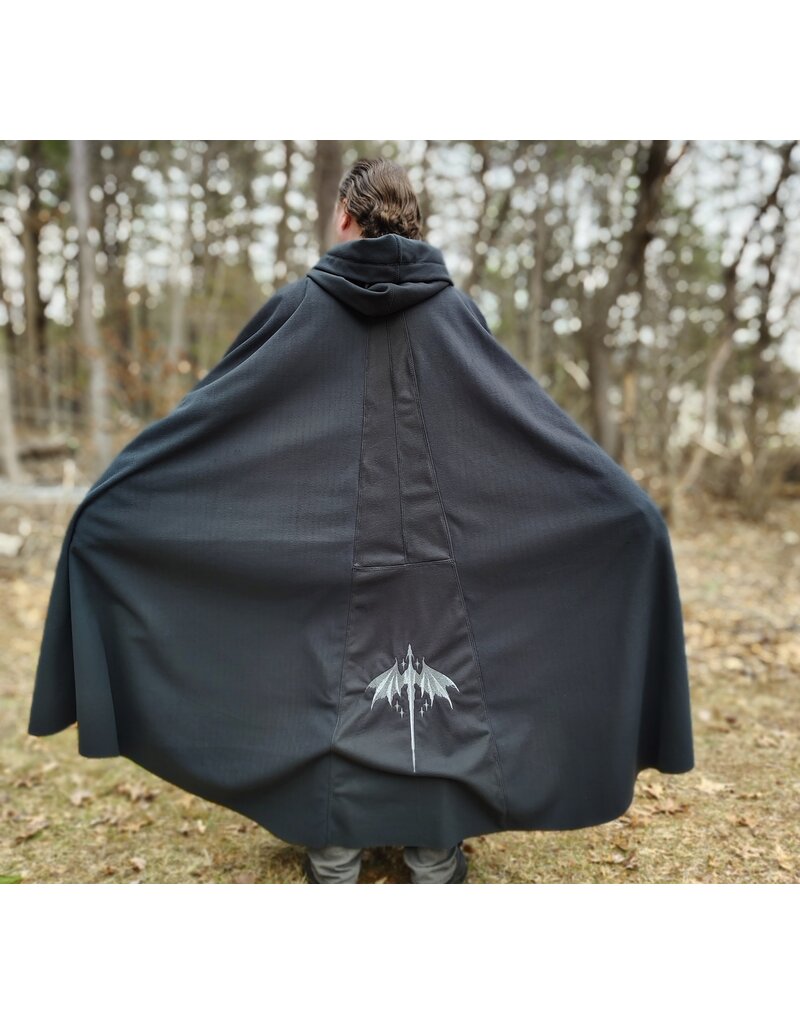 Cloakmakers.com 5988-Washable Almost Black Fleece Cloak w/ Silver Dragon Embroidery & Silver Tone Clasp