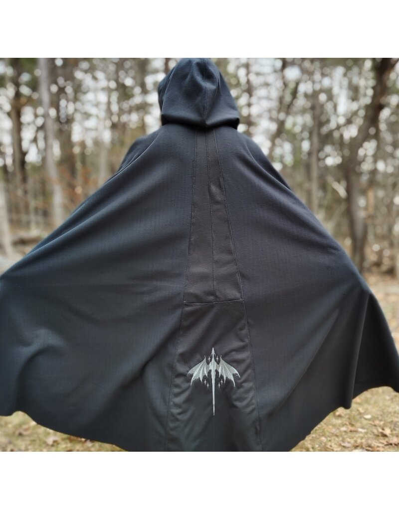 Cloakmakers.com 5988-Washable Almost Black Fleece Cloak w/ Silver Dragon Embroidery & Silver Tone Clasp