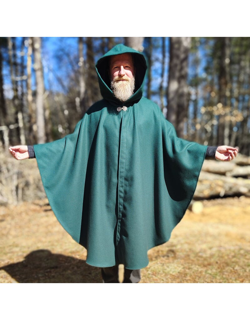 Cloakmakers.com 5989-Forest Green Woven Wool Blend Cloak w/ Black Velvet Hood Lining & Celtic Rosette Clasp
