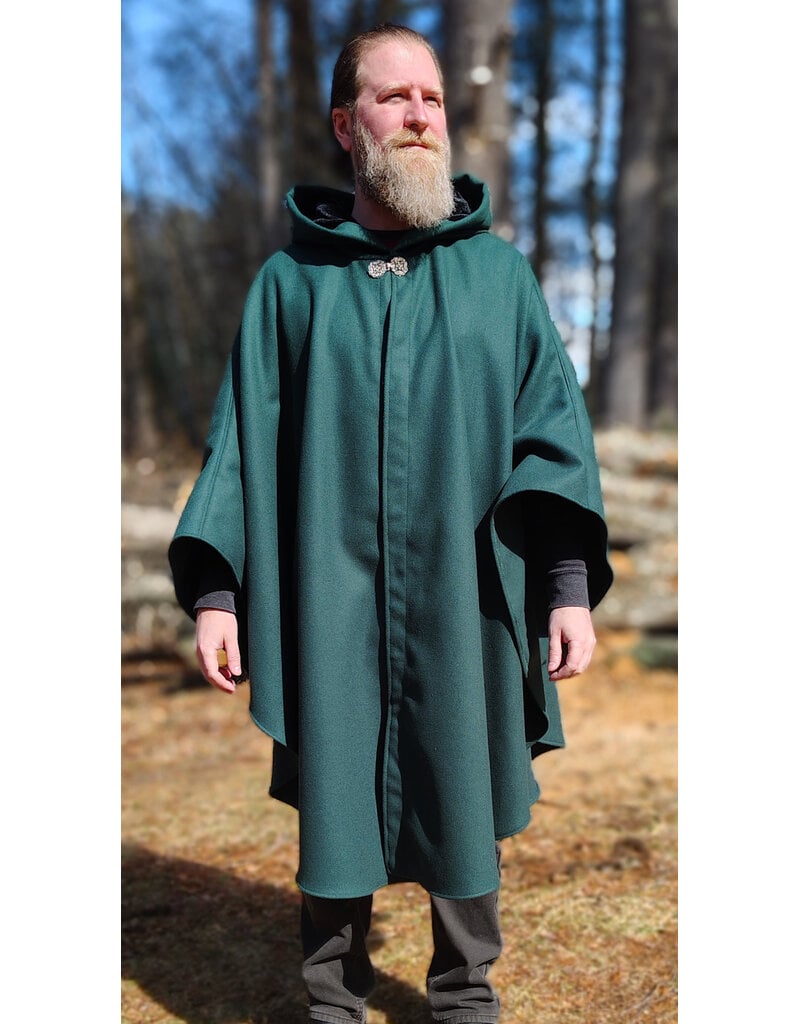Cloakmakers.com 5989-Forest Green Woven Wool Blend Cloak w/ Black Velvet Hood Lining & Celtic Rosette Clasp