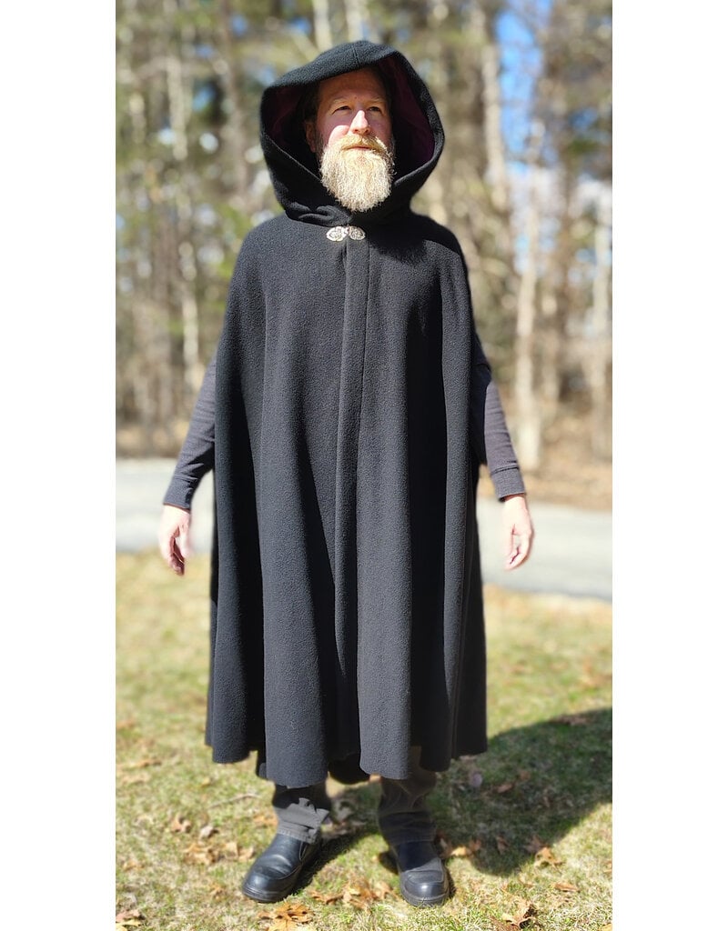 Cloakmakers.com 5990-Washable Black Wool Cloak w/ Boysenberry Velveteen Hood Lining & Armslits & Gothic Rose Clasp