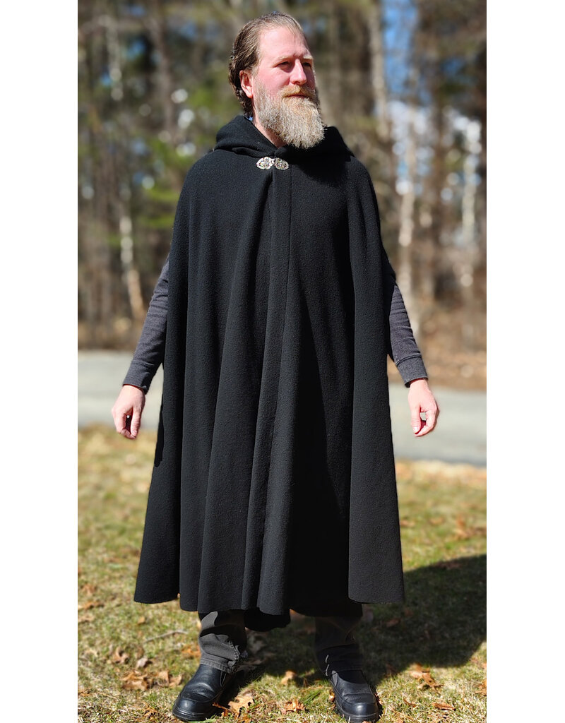 Cloakmakers.com 5990-Washable Black Wool Cloak w/Purple Velveteen Hood Lining & Armslits & Gothic Rose Clasp