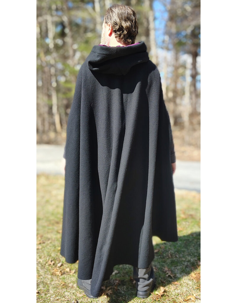Cloakmakers.com 5990-Washable Black Wool Cloak w/Purple Velveteen Hood Lining & Armslits & Gothic Rose Clasp