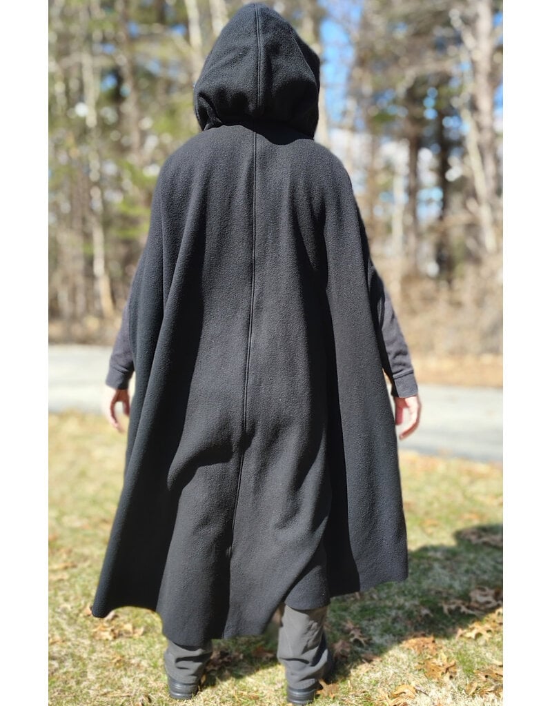 Cloakmakers.com 5990-Washable Black Wool Cloak w/ Boysenberry Velveteen Hood Lining & Armslits & Gothic Rose Clasp