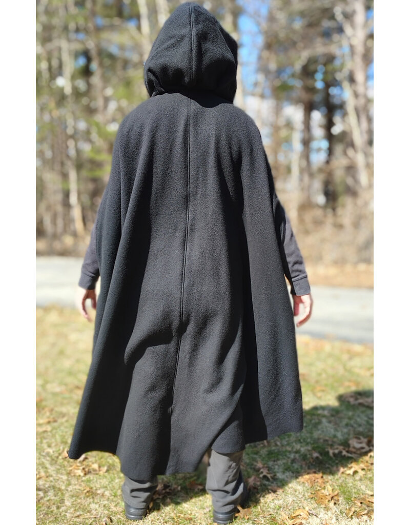 Cloakmakers.com 5990-Washable Black Wool Cloak w/Purple Velveteen Hood Lining & Armslits & Gothic Rose Clasp