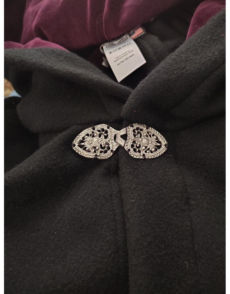 Cloakmakers.com 5990-Washable Black Wool Cloak w/Purple Velveteen Hood Lining & Armslits & Gothic Rose Clasp