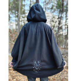 Cloakmakers.com 5991-Washable Almost Black Fleece Cloak w/ Silver Wolf Embroidery & Silver Tone Clasp