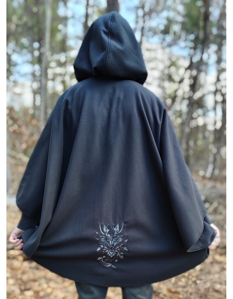 Cloakmakers.com 5991-Washable Almost Black Fleece Cloak w/ Silver Wolf Embroidery & Silver Tone Clasp