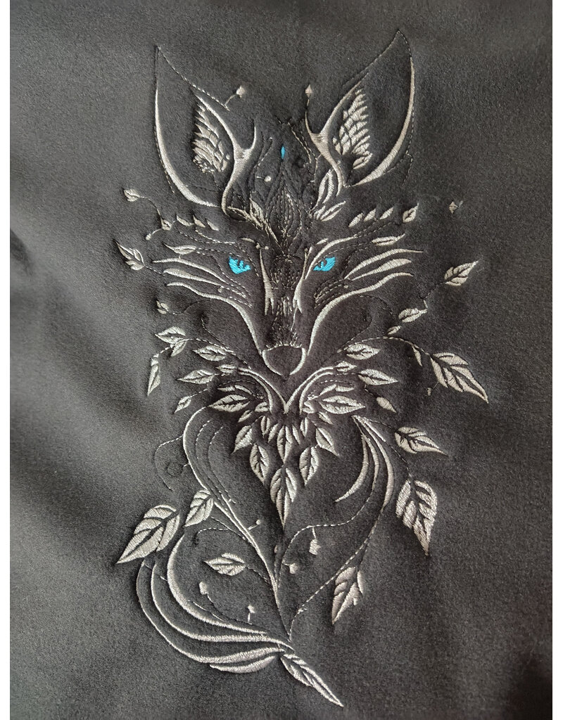 Cloakmakers.com 5991-Washable Almost Black Fleece Cloak w/ Silver Wolf Embroidery & Silver Tone Clasp