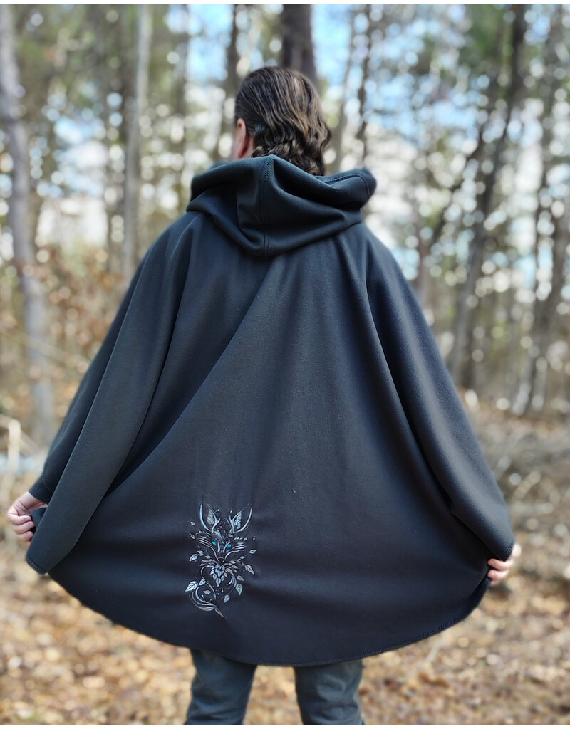 Cloakmakers.com 5991-Washable Almost Black Fleece Cloak w/ Silver Wolf Embroidery & Silver Tone Clasp