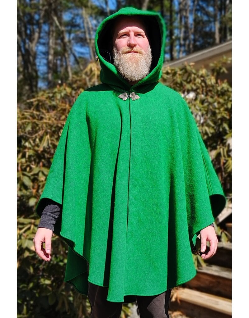 Cloakmakers.com 5992-Washable Bright Green Wool Blend Cloak w/ Black Velvet Hood Lining & Triple Medallion Clasp
