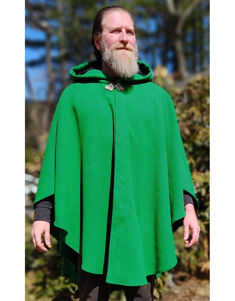 Cloakmakers.com 5992-Washable Bright Green Wool Blend Cloak w/ Black Velvet Hood Lining & Triple Medallion Clasp