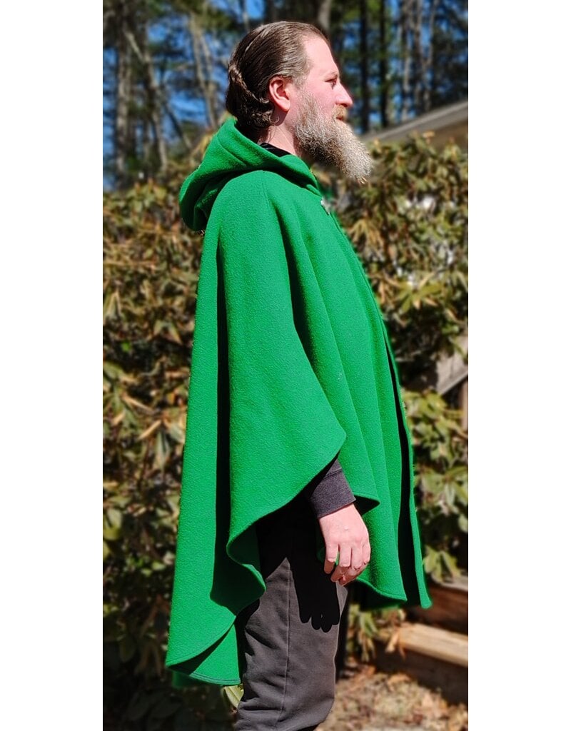 Cloakmakers.com 5992-Washable Bright Green Wool Blend Cloak w/ Black Velvet Hood Lining & Triple Medallion Clasp