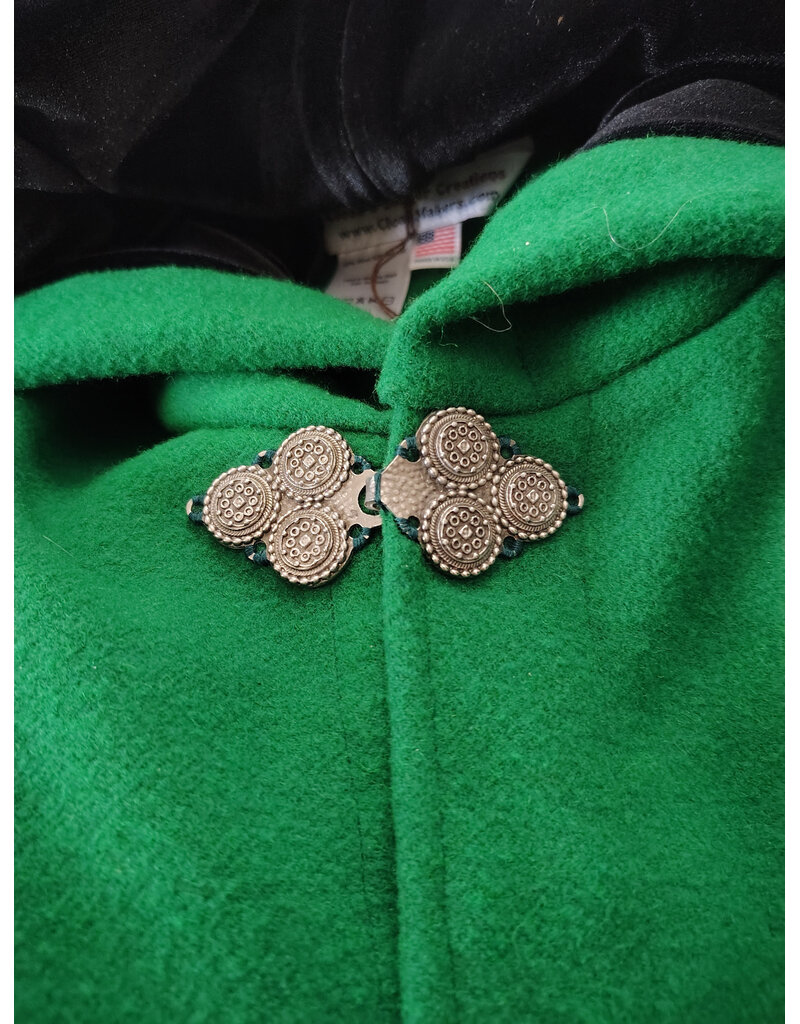 Cloakmakers.com 5992-Washable Bright Green Wool Blend Cloak w/ Black Velvet Hood Lining & Triple Medallion Clasp