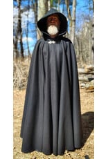Cloakmakers.com 5993-Long Black Wool Cloak w/ Black Velvet Hood Lining & Triple Medallion Clasp