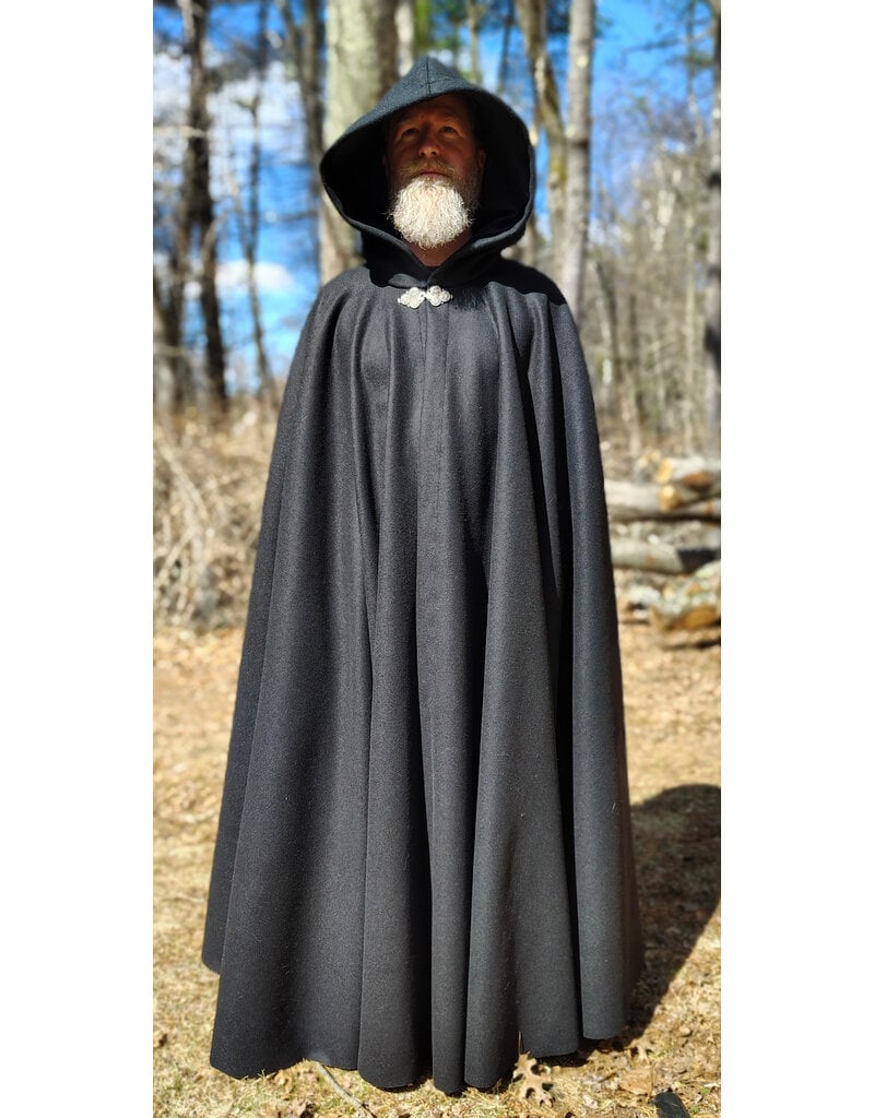 Cloakmakers.com 5993-Long Black Wool Cloak w/ Black Velvet Hood Lining & Triple Medallion Clasp