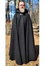 Cloakmakers.com 5993-Long Black Wool Cloak w/ Black Velvet Hood Lining & Triple Medallion Clasp
