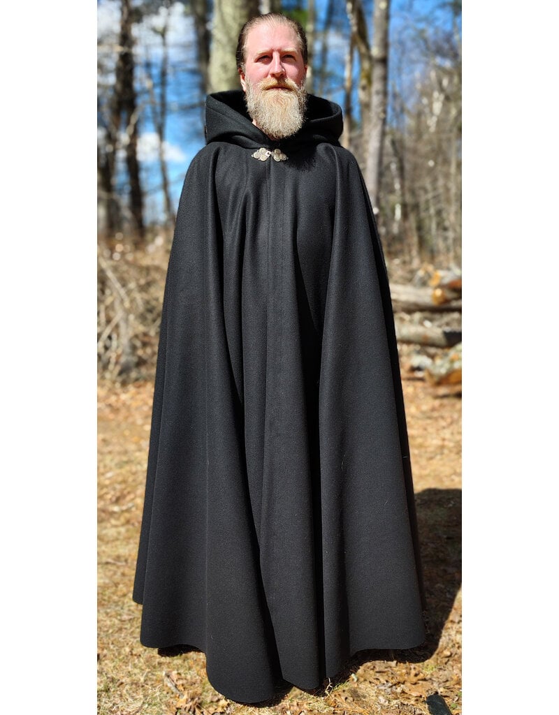 Cloakmakers.com 5993-Long Black Wool Cloak w/ Black Velvet Hood Lining & Triple Medallion Clasp