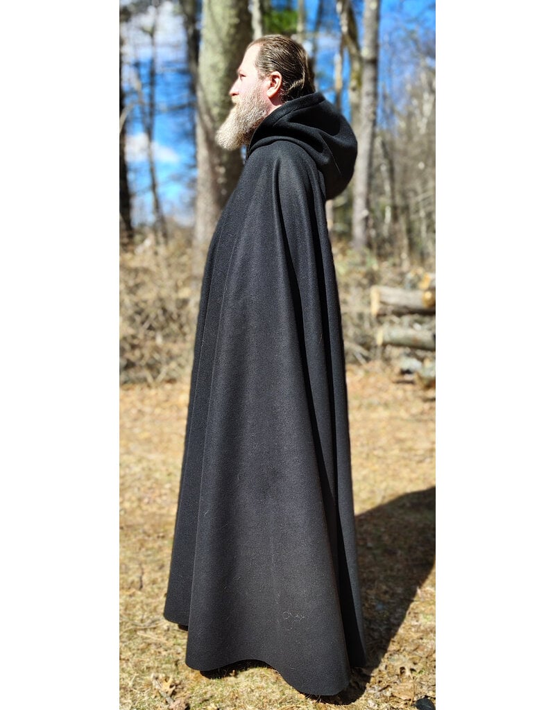 Cloakmakers.com 5993-Long Black Wool Cloak w/ Black Velvet Hood Lining & Triple Medallion Clasp