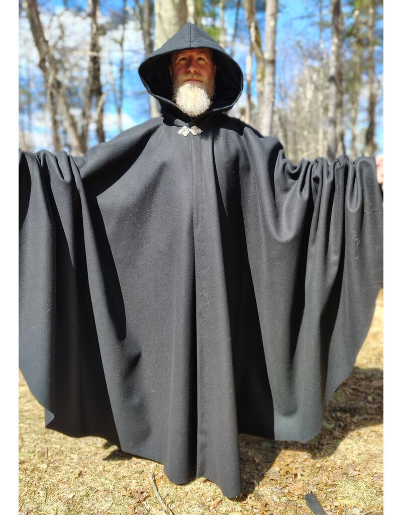 Cloakmakers.com 5993-Long Black Wool Cloak w/ Black Velvet Hood Lining & Triple Medallion Clasp