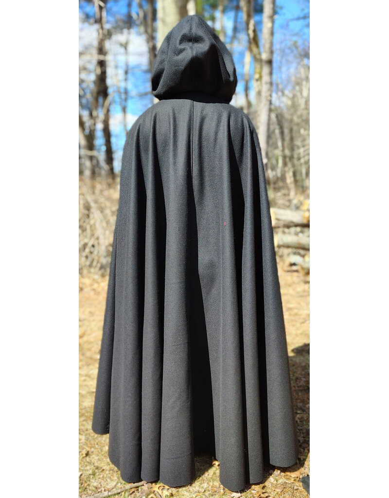 Cloakmakers.com 5993-Long Black Wool Cloak w/ Black Velvet Hood Lining & Triple Medallion Clasp