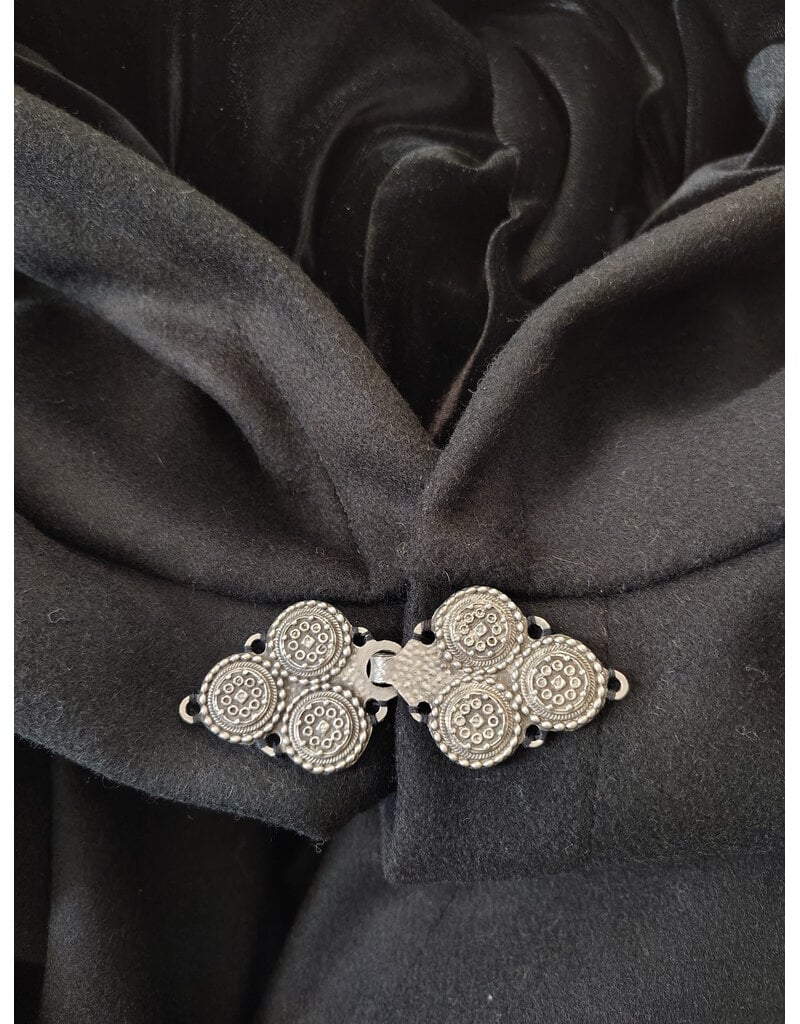 Cloakmakers.com 5993-Long Black Wool Cloak w/ Black Velvet Hood Lining & Triple Medallion Clasp