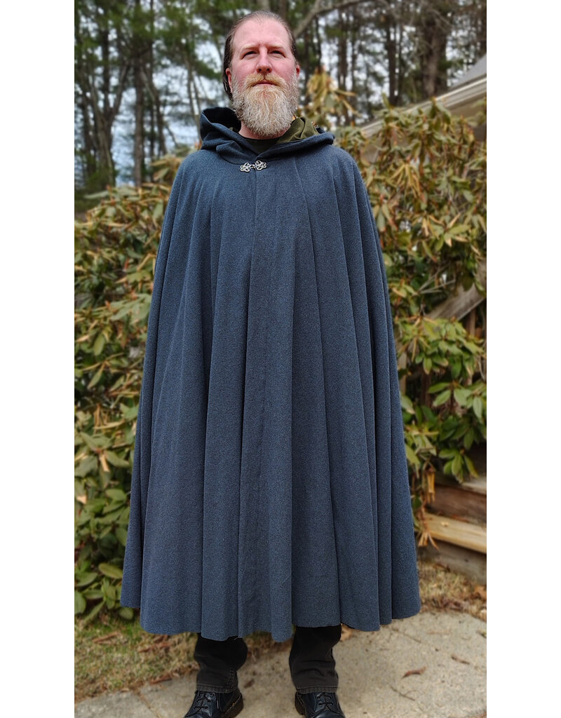 Cloakmakers.com 5994-Washable Deep Blue Wool Blend Cloak w/ Moss Green Velvet Hood Lining & Silver Tone Clasp