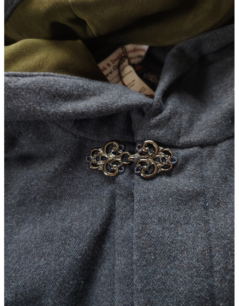 Cloakmakers.com 5994-Washable Deep Blue Wool Blend Cloak w/ Moss Green Velvet Hood Lining & Silver Tone Clasp