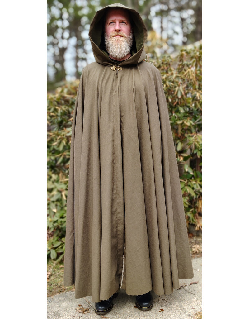 Cloakmakers.com 5996-Washable Light Brown Wool Blend Cloak w/ Moss Green Velvet Hood Lining