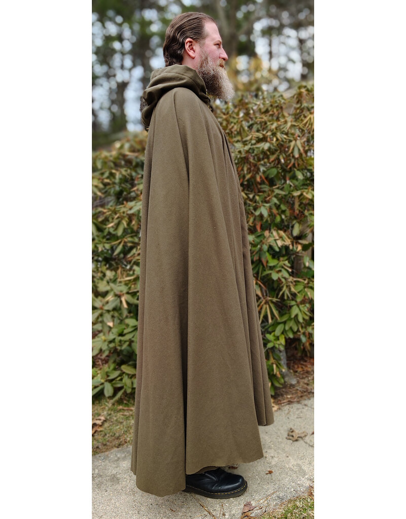 Cloakmakers.com 5996-Washable Light Brown Wool Blend Cloak w/ Moss Green Velvet Hood Lining