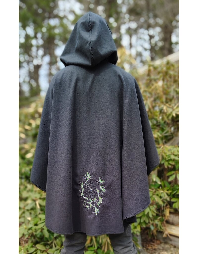 Cloakmakers.com 5998-Washable Almost Black Fleece Poncho Cloak w/ Spider Web & Ivy Embroidery