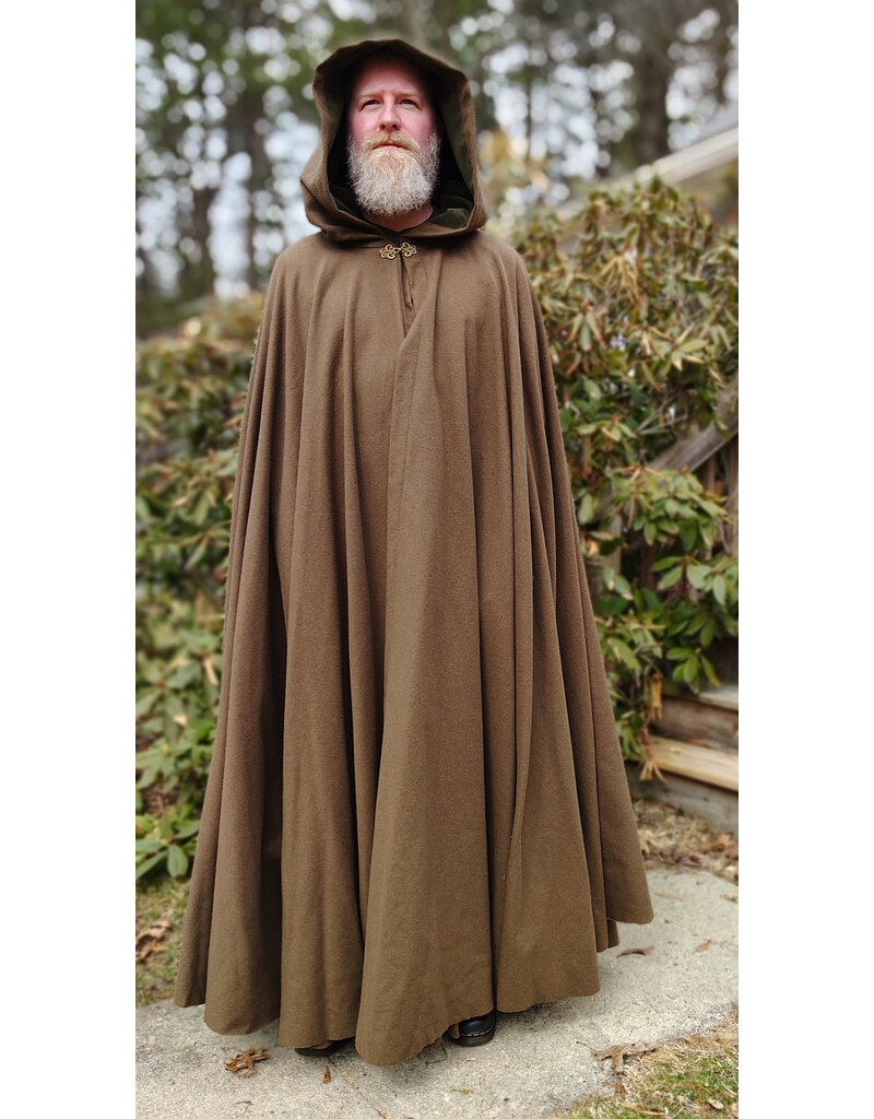 Cloakmakers.com 5999-Washable Brown Wool Blend Cloak w/ Moss Green Velvet Hood Lining & Bronze Tone Clasp