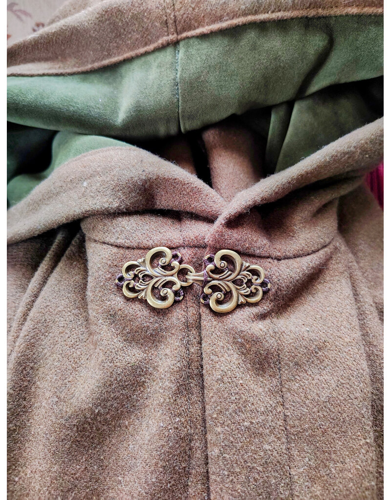 Cloakmakers.com 5999-Washable Brown Wool Blend Cloak w/ Moss Green Velvet Hood Lining & Bronze Tone Clasp