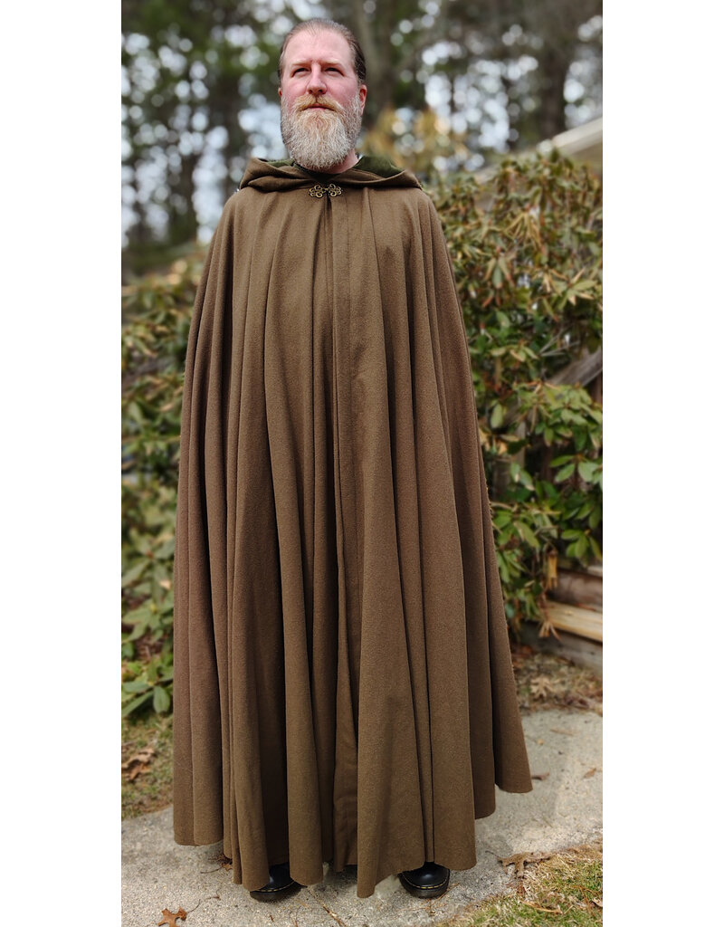 Cloakmakers.com 5999-Washable Brown Wool Blend Cloak w/ Moss Green Velvet Hood Lining & Bronze Tone Clasp