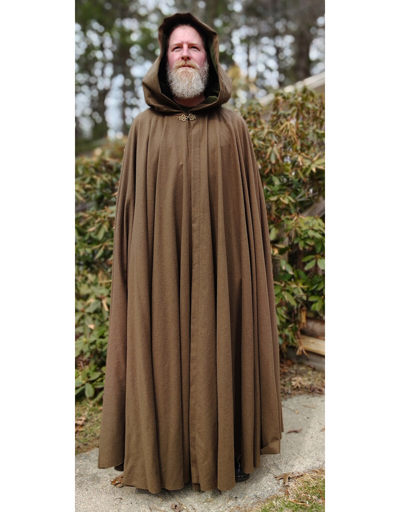 Cloakmakers.com 5999-Washable Brown Wool Blend Cloak w/ Moss Green Velvet Hood Lining & Bronze Tone Clasp