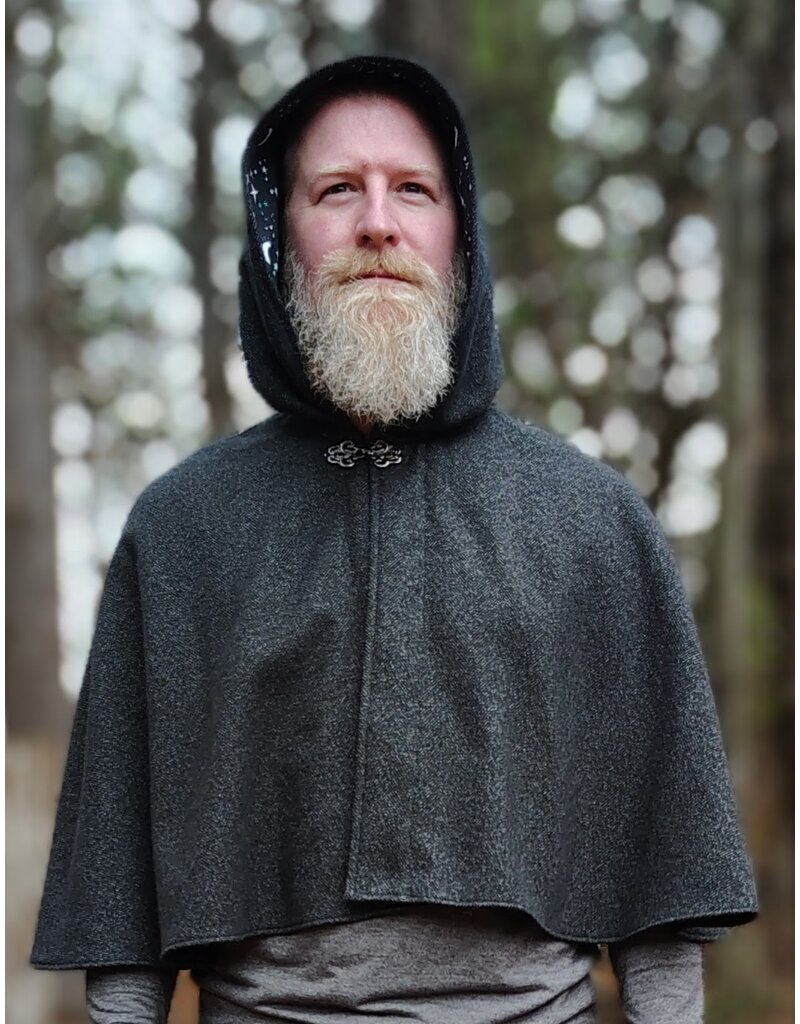Cloakmakers.com 6000-Washable Charcoal Wool Blend Cloak w/ Stars & Moons Hood Lining & Silver Tone Clasp