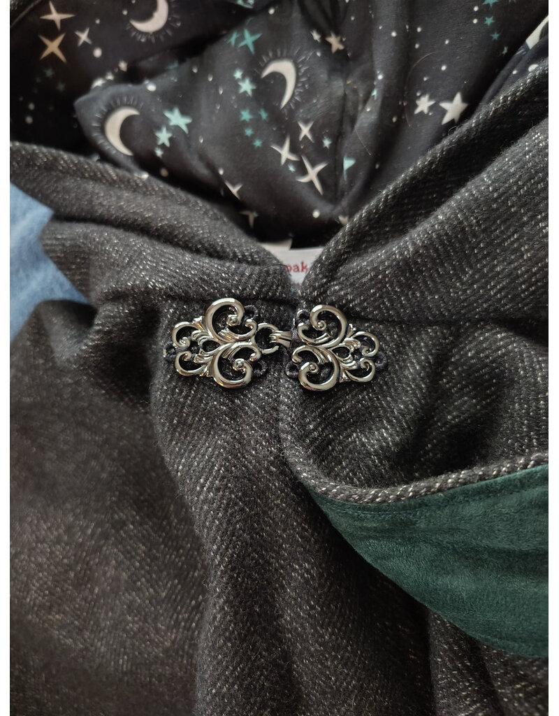 Cloakmakers.com 6000-Washable Charcoal Wool Blend Cloak w/ Stars & Moons Hood Lining & Silver Tone Clasp