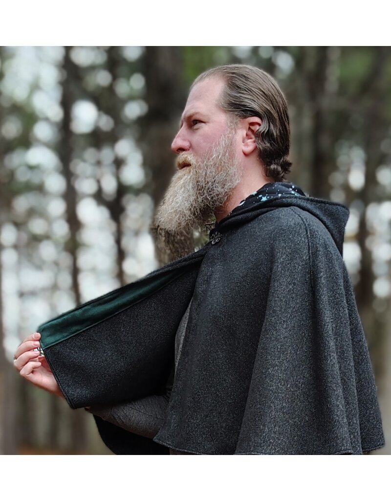 Cloakmakers.com 6000-Washable Charcoal Wool Blend Cloak w/ Stars & Moons Hood Lining & Silver Tone Clasp