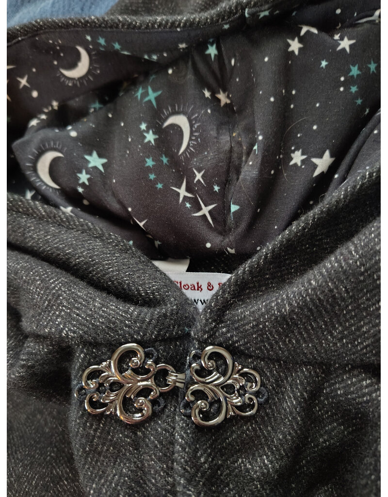 Cloakmakers.com 6000-Washable Charcoal Wool Blend Cloak w/ Stars & Moons Hood Lining & Silver Tone Clasp