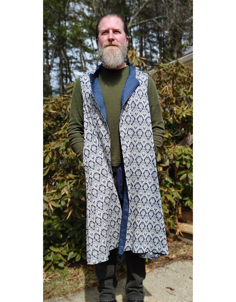 Cloakmakers.com J914-Washable Blue & White Brocade Vest w/ Blue Collar & Pockets