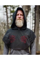Cloakmakers.com H563-Washable Almost Black Fleece Hooded Cowl w/ Dual Red Dragon Embroidery & Liripipe