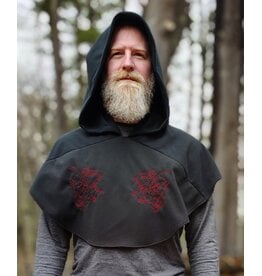 Cloakmakers.com H563-Washable Almost Black Fleece Hooded Cowl w/ Dual Red Dragon Embroidery & Liripipe