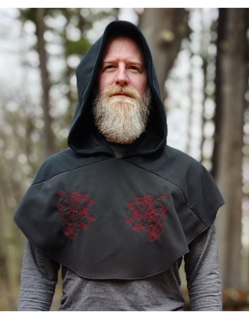Cloakmakers.com H563-Washable Almost Black Fleece Hooded Cowl w/ Dual Red Dragon Embroidery & Liripipe