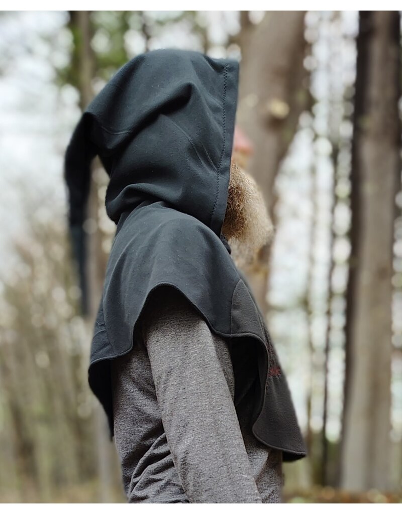 Cloakmakers.com H563-Washable Almost Black Fleece Hooded Cowl w/ Dual Red Dragon Embroidery & Liripipe